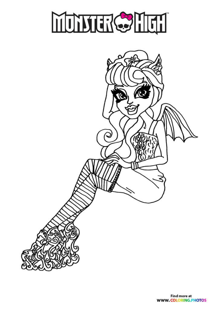 Draculaura from Monster High with bat wings, curled hair, patterned corset, and decorative fishtail skirt coloring page