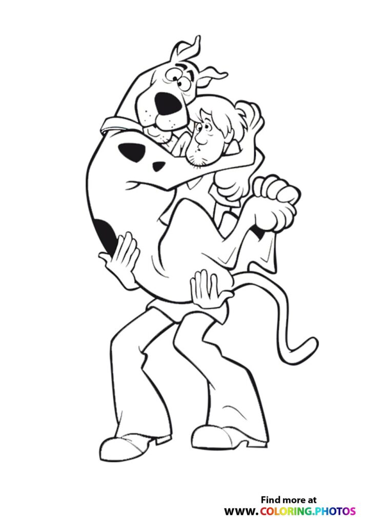 Scooby-Doo holding Shaggy Rogers in his arms, both looking frightened, coloring page