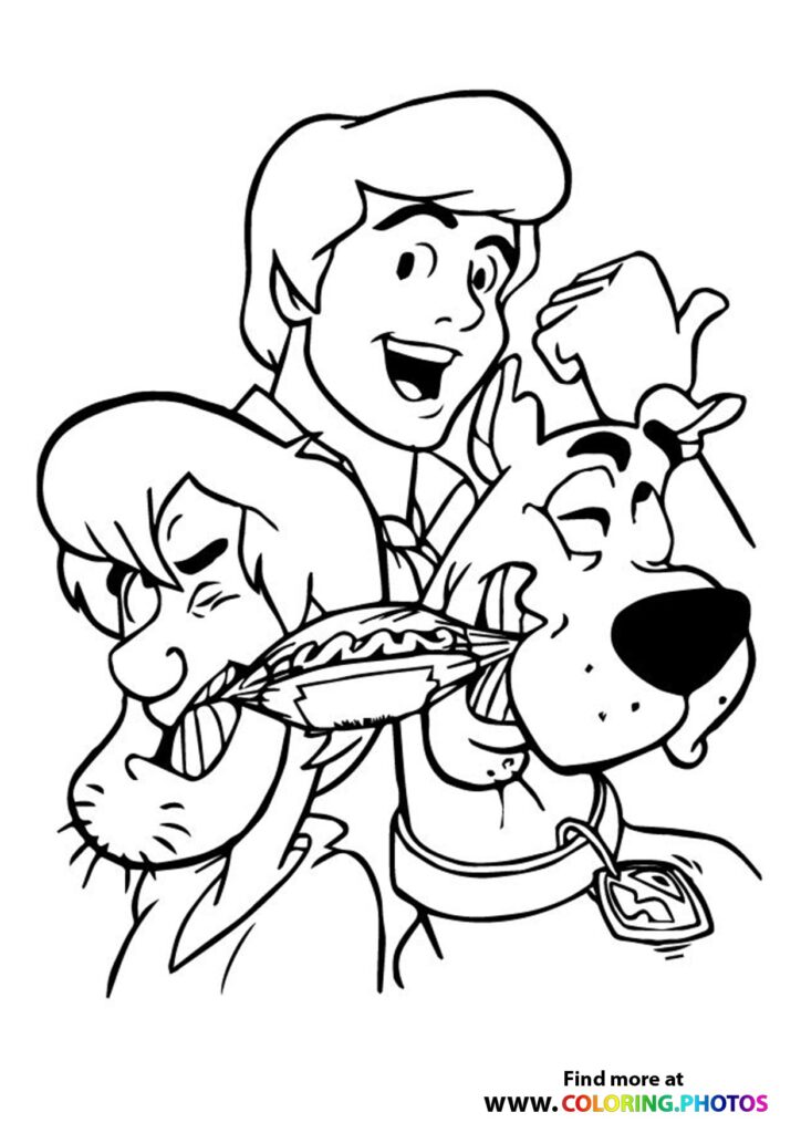 Fred holding a sandwich with Daphne and Scooby-Doo coloring page from Scooby-Doo