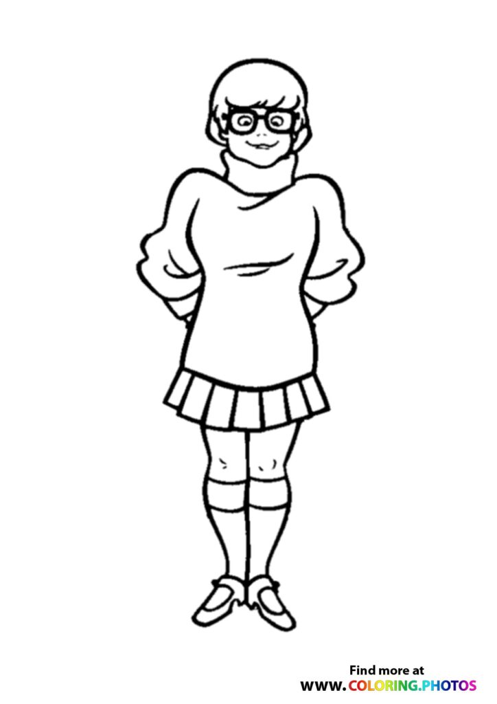 Daphne Blake from Scooby-Doo wearing glasses, purple dress, and knee socks coloring page