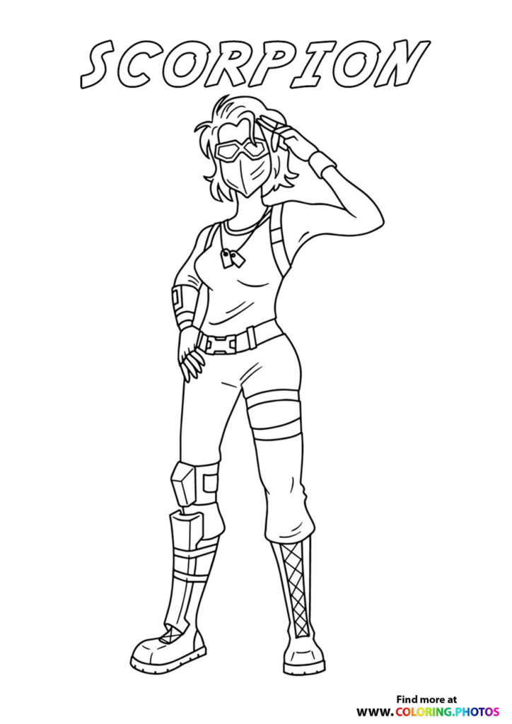 Scorpion Fortnite character in tactical outfit with utility belt and leg armor coloring page