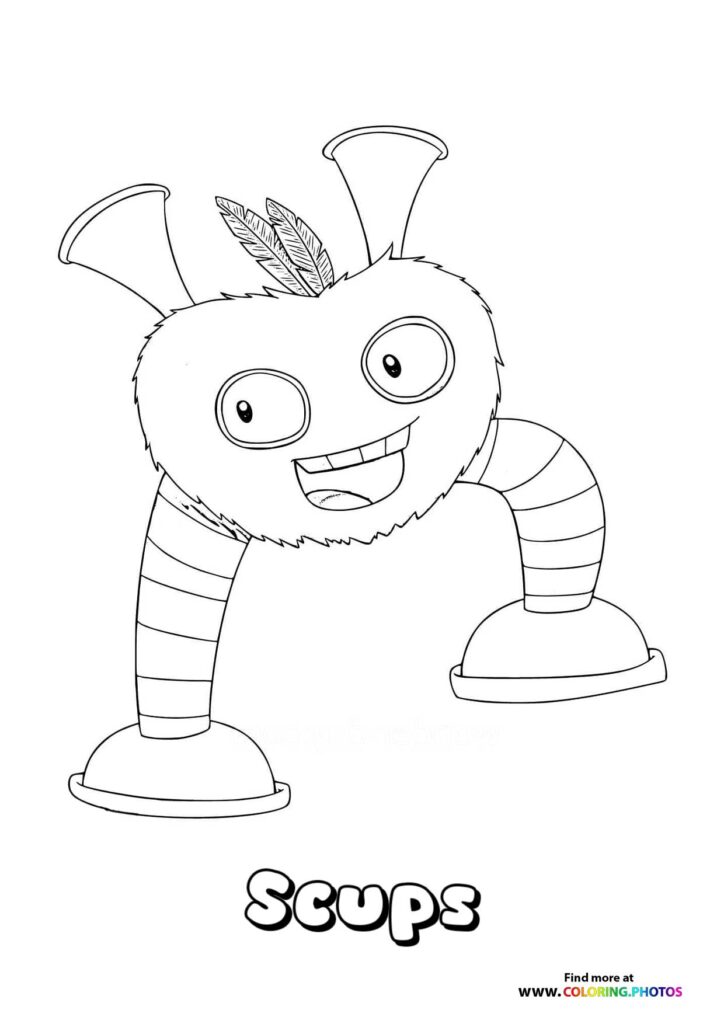 Scops from My Singing Monsters coloring page, a round monster with feathers and striped limbs