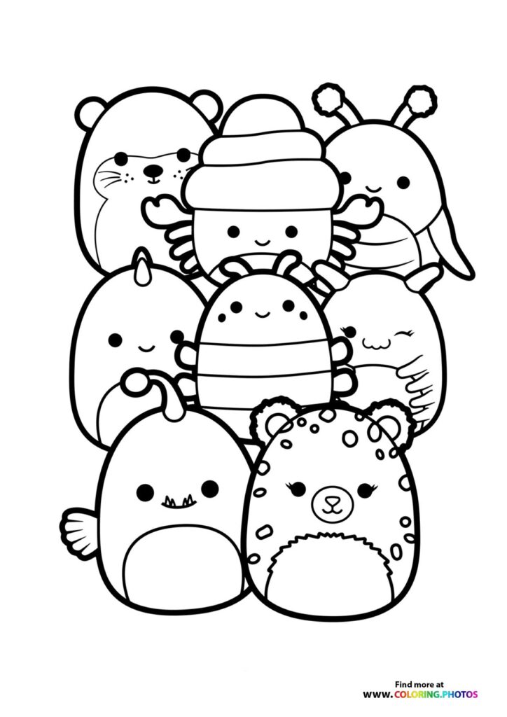 Seven cute Squishmallow plush toys arranged together, including otter, bee, whale, jellyfish, penguin, cat, and leopard characters coloring page
