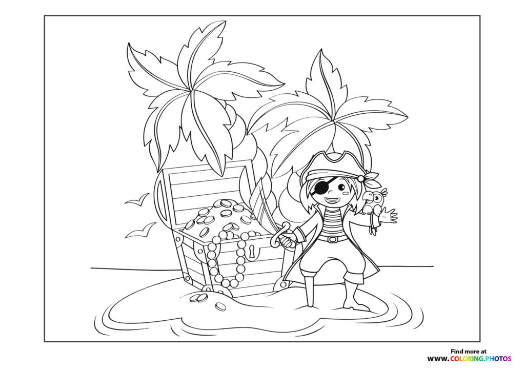 Young pirate girl holding treasure next to a chest on a tropical beach with palm trees coloring page