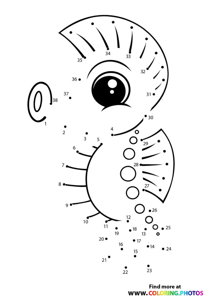 Seahorse dot to dot puzzle with 38 numbered dots to connect, featuring detailed fins and crown-like head spines