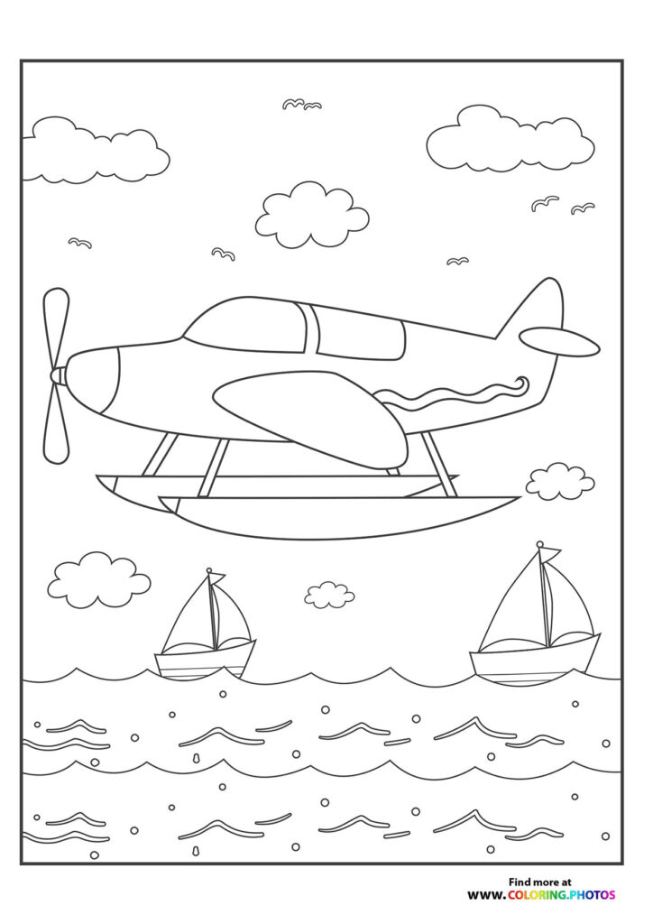 Seaplane with pontoons flying above sailing boats on ocean waves coloring page