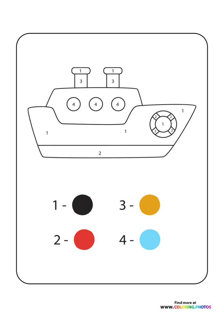 Simple cargo ship with numbered zones for color by number activity, coloring page