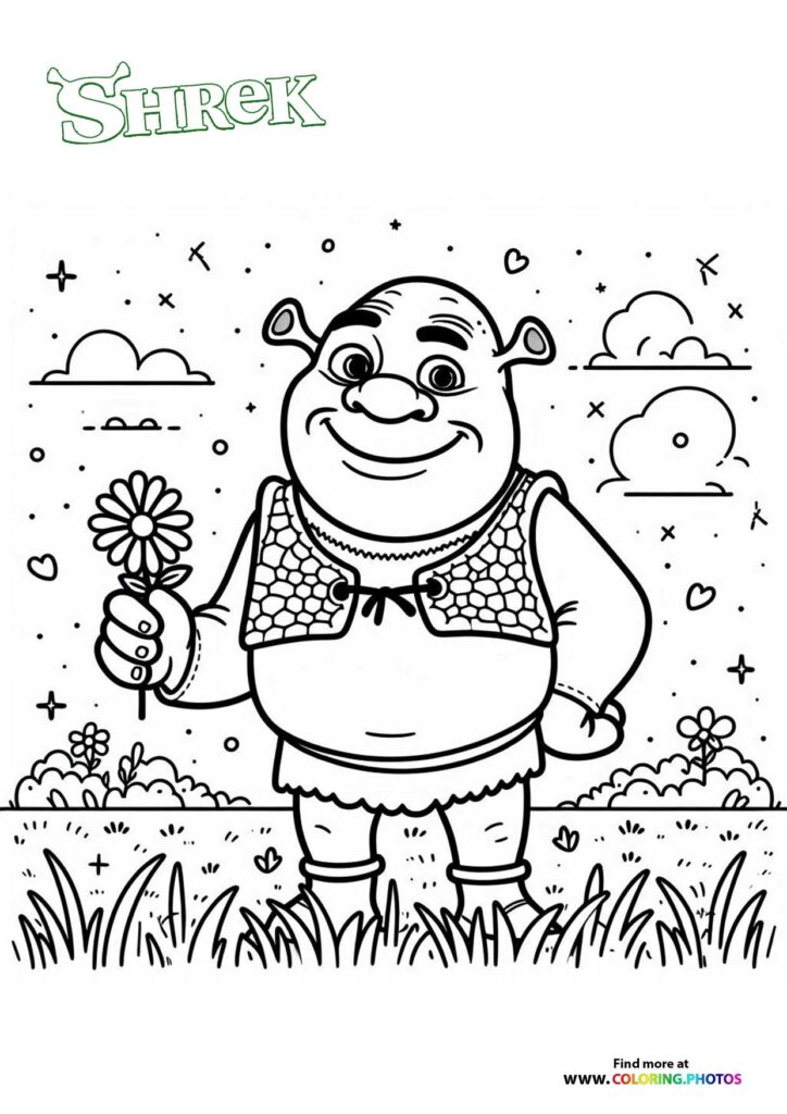 Shrek holding a flower in a meadow with clouds and stars, coloring page from the animated movie Shrek