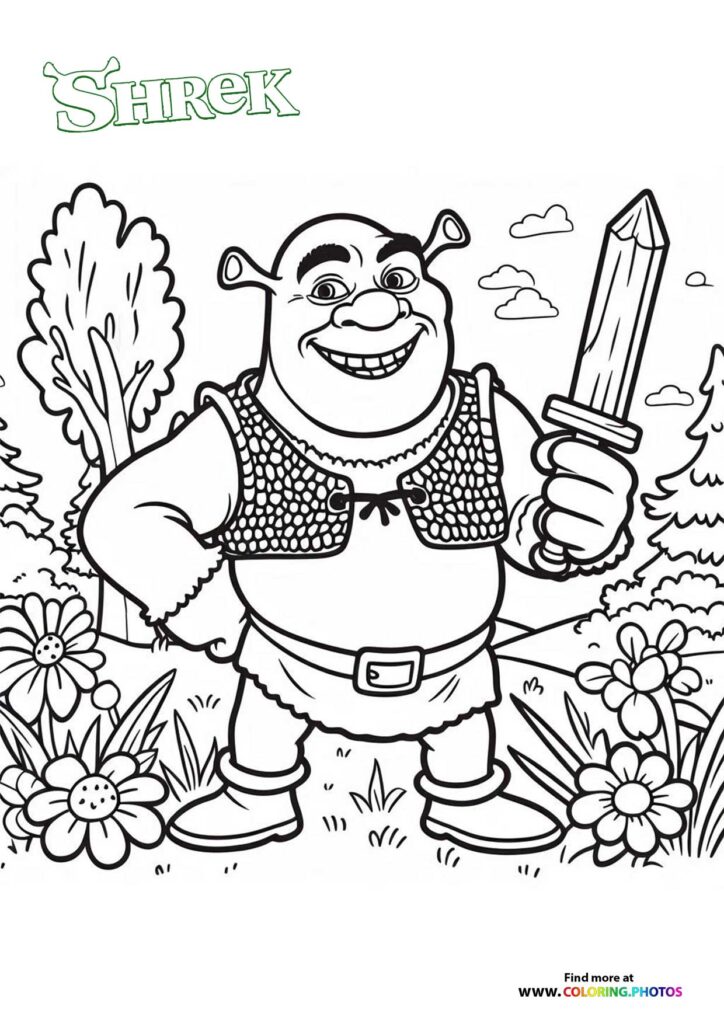 Shrek holding a large sword and smiling in a forest full of flowers coloring page