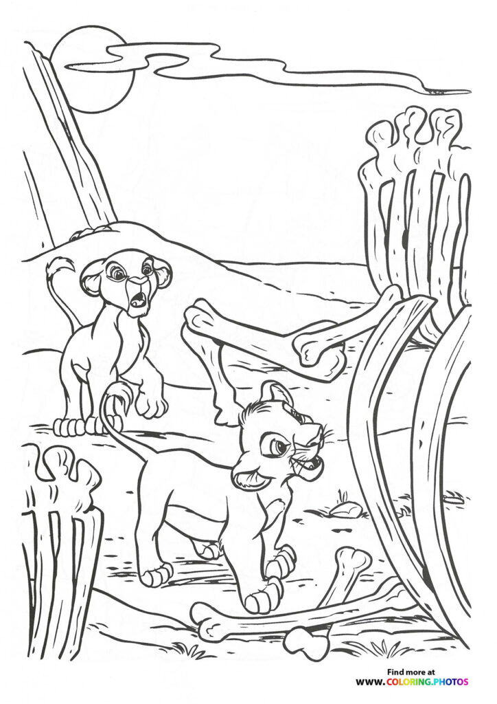 Young Simba and Nala playing in the savanna with acacia trees and bones, from The Lion King coloring page