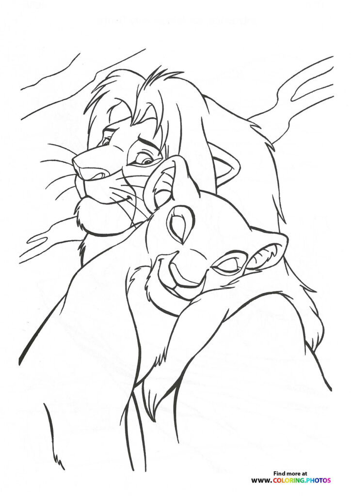 Young Simba roaring with his head tilted back, mane flowing, from The Lion King coloring page