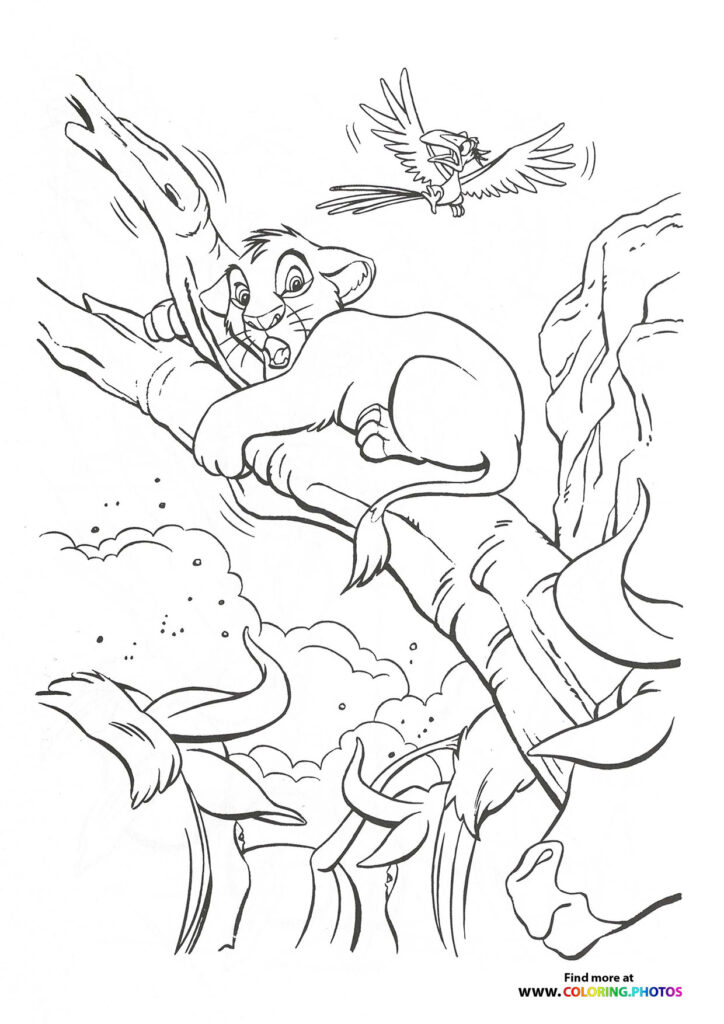 Young Simba climbing Pride Rock with raised paw, bird flying above, rocky terrain coloring page from The Lion King