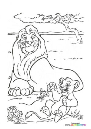 Simba playing and Mufasa watching him coloring page