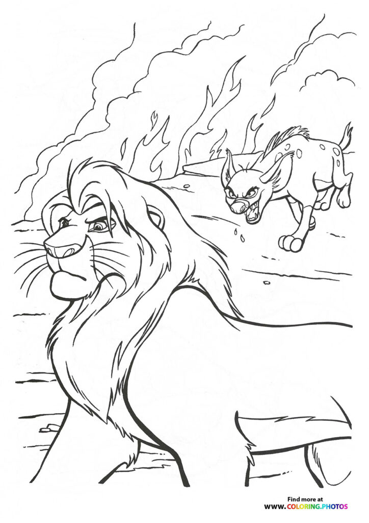 Scar and Shenzi surrounded by raging flames and smoke coloring page from The Lion King