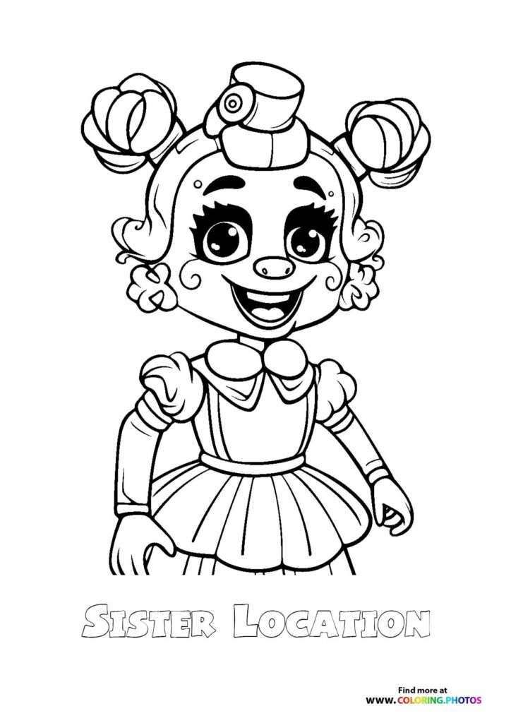 Sister Location animatronic with pigtails, large eyes, and frilly dress coloring page from Five Nights at Freddy's