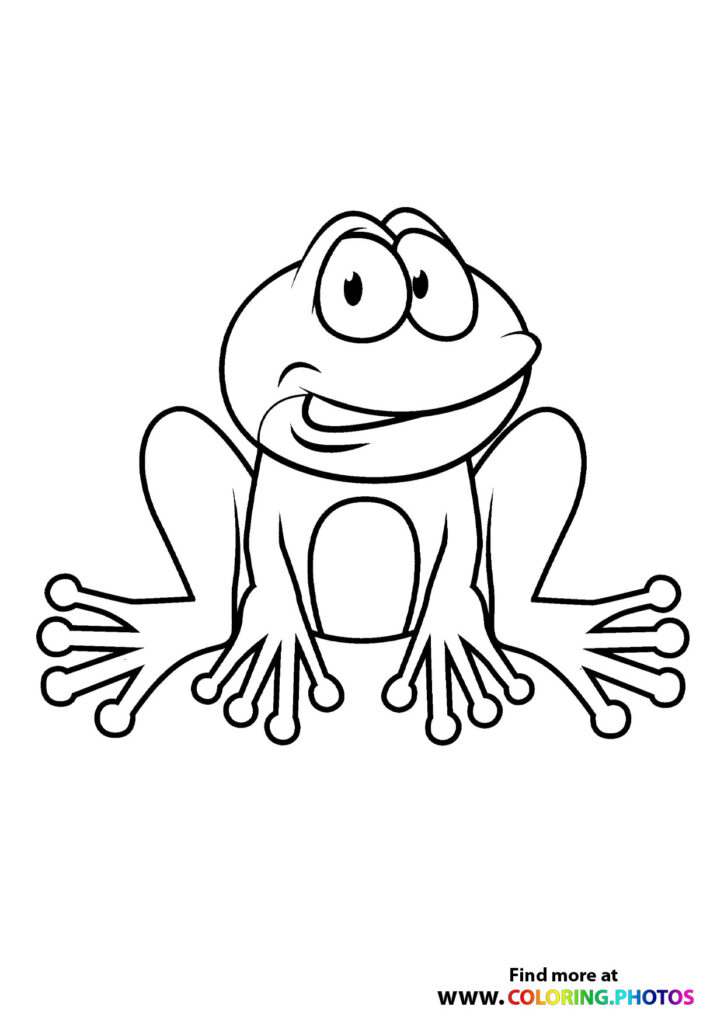 Cartoon frog with big eyes, wide smile, and webbed feet coloring page