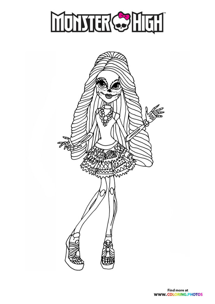 Frankie Stein from Monster High with striped hair, skeletal face, patterned dress and platform boots coloring page