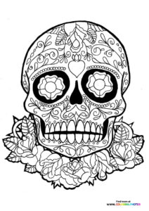 Sugar skull with roses, heart, and ornamental patterns tattoo design coloring page