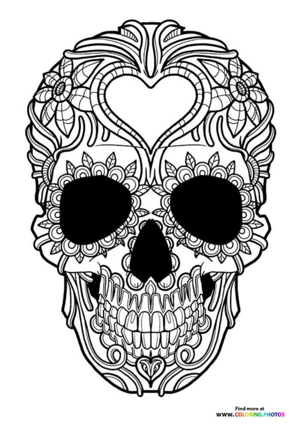 Skull with hart coloring for adults