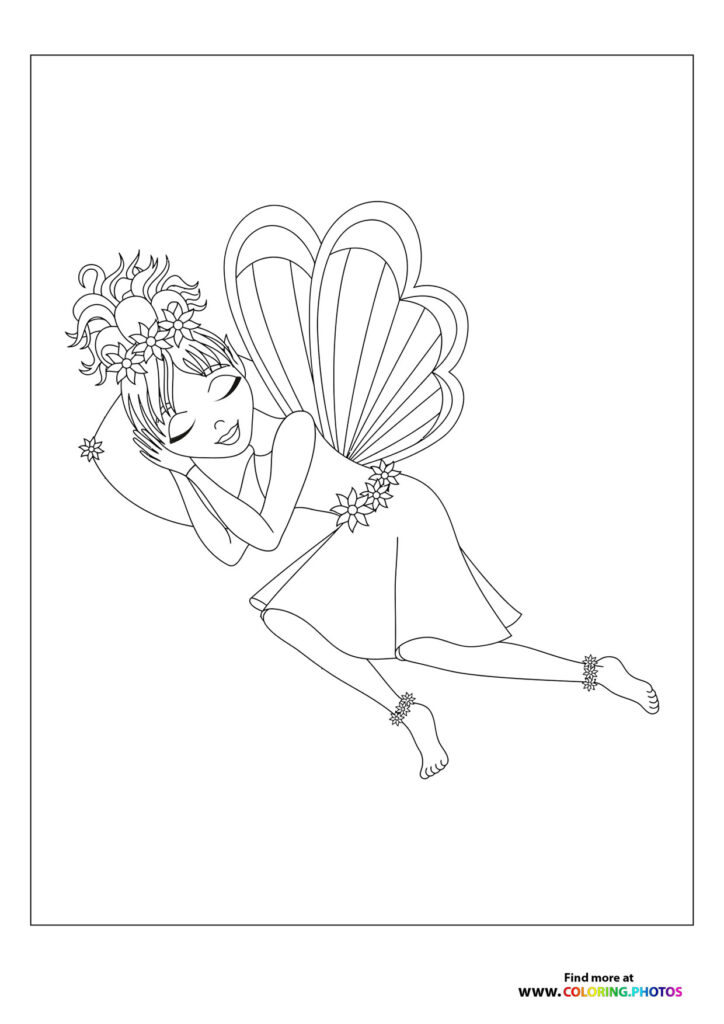 Fairy with flower crown and large shell-patterned wings coloring page