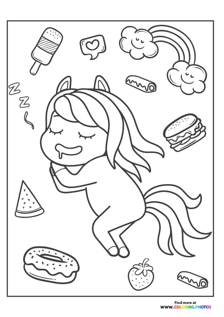 A sleeping pony with flowing mane surrounded by floating food treats, clouds, and rainbows coloring page