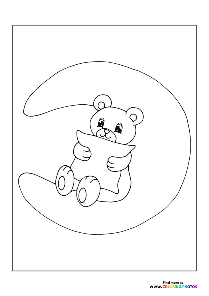 Teddy bear hugging a cloud with round ears and happy expression coloring page