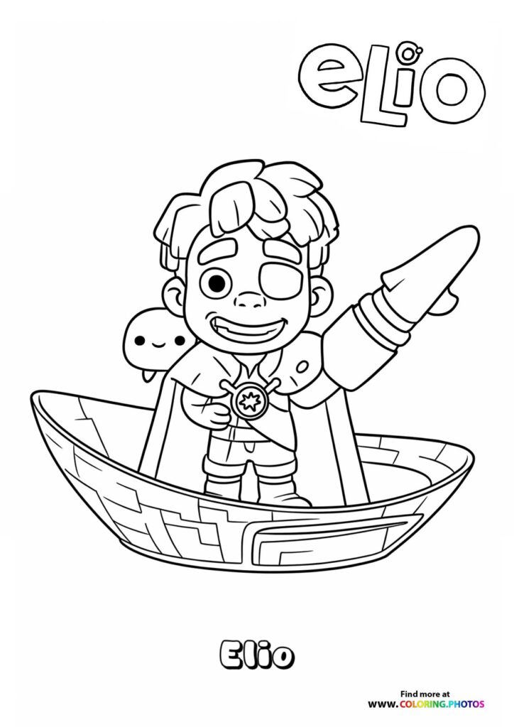 Elio alien character standing in spaceship with cape and star medallion coloring page