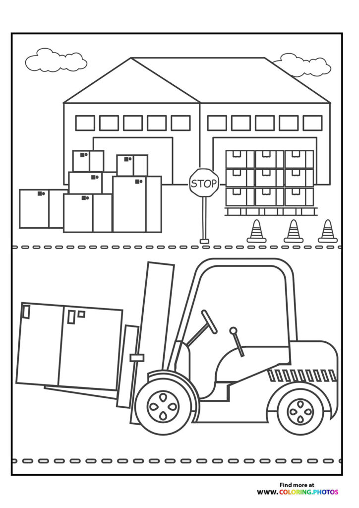 Forklift carrying wooden pallets at construction site with warehouse building and traffic cones coloring page