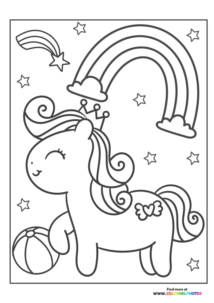 Magical pony with crown and rainbow coloring page for girls