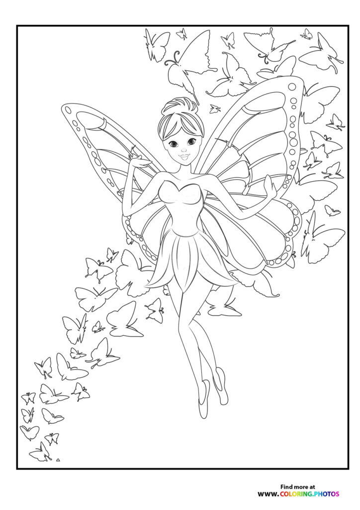 Fairy with large butterfly wings surrounded by flying butterflies coloring page