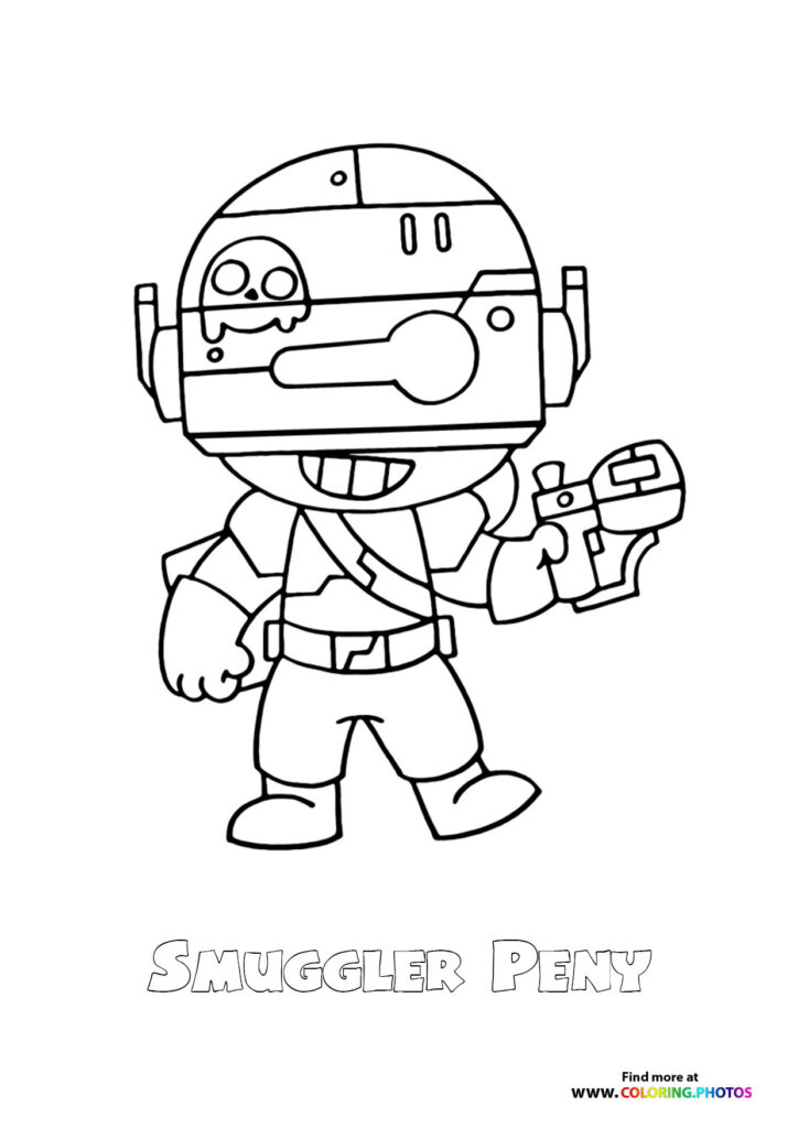 Smuggler Peny from Brawl Stars holding a blaster pistol, robot head with wide smile coloring page