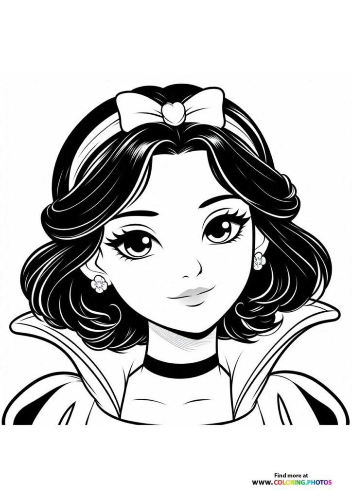 Snow White portrait with bow and earrings coloring page from Snow White 2025