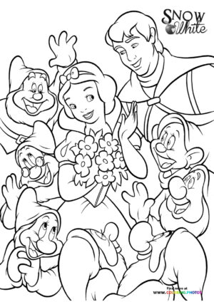 Snow White with the Prince and Dwarfs coloring page