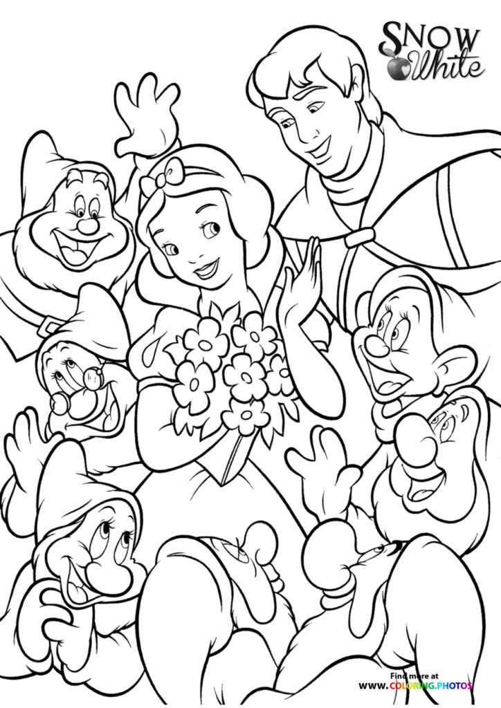 Snow White holding flowers surrounded by the seven dwarfs and the prince from Snow White and the Seven Dwarfs coloring page