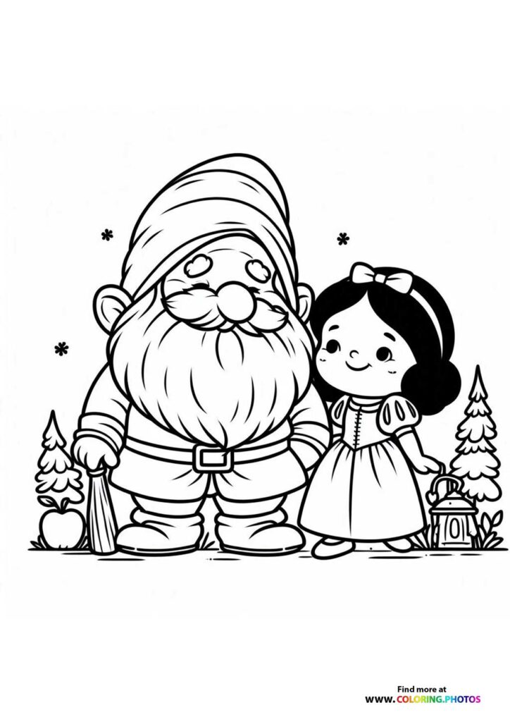 Snow White standing next to Santa Claus in a winter forest coloring page from Snow White 2025