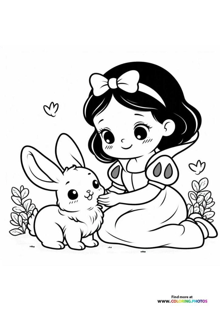 Snow White holding a cute white bunny with long ears, surrounded by flowers and plants coloring page from Snow White 2025