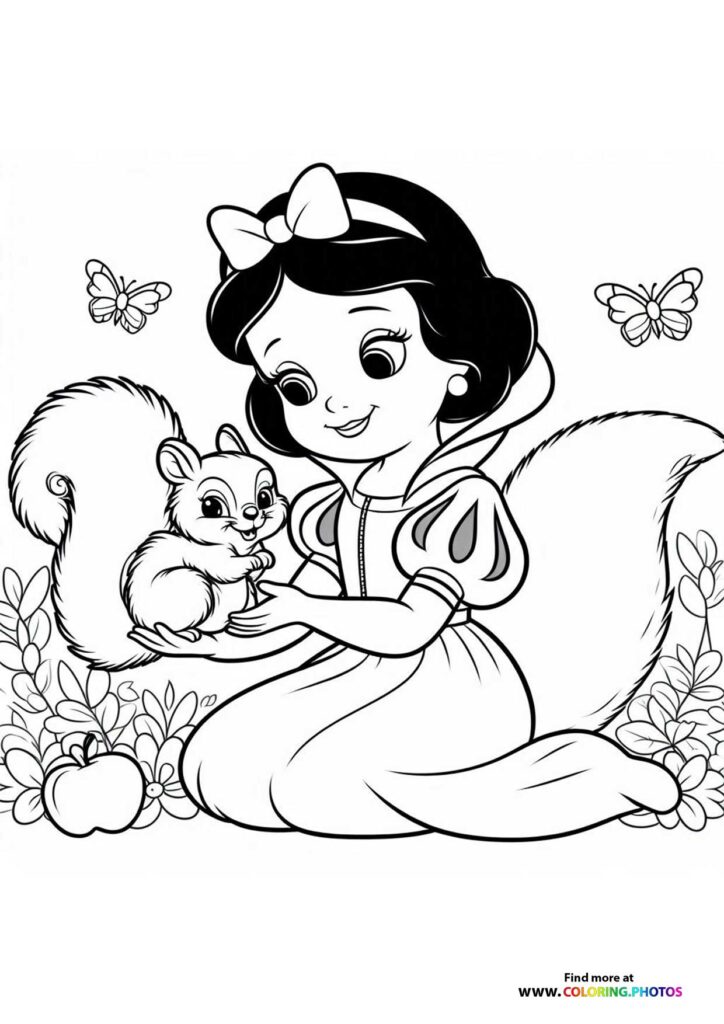Snow White holding a squirrel with butterflies and forest flowers coloring page from Snow White 2025