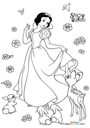 Snow White with animals coloring page