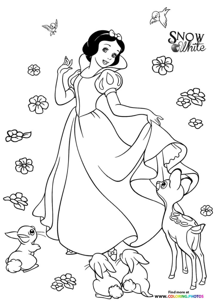 Snow White dancing with a deer and birds surrounded by flowers coloring page from Snow White and the Seven Dwarfs