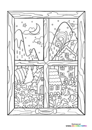 Winter theme window view coloring page
