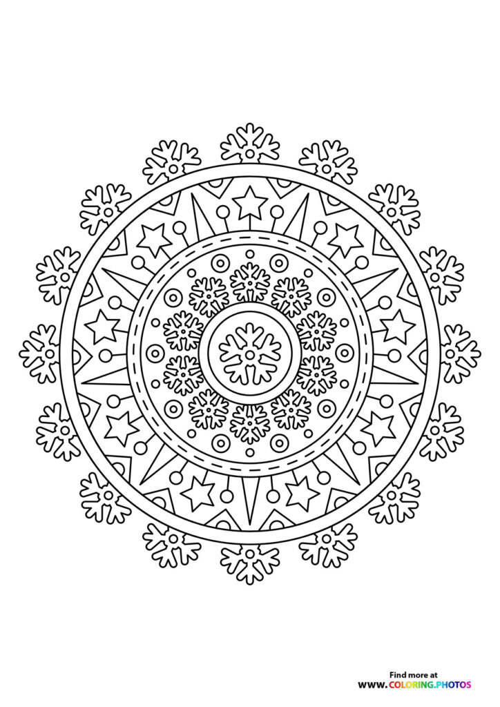 Intricate winter snowflake mandala with geometric patterns and stars coloring page