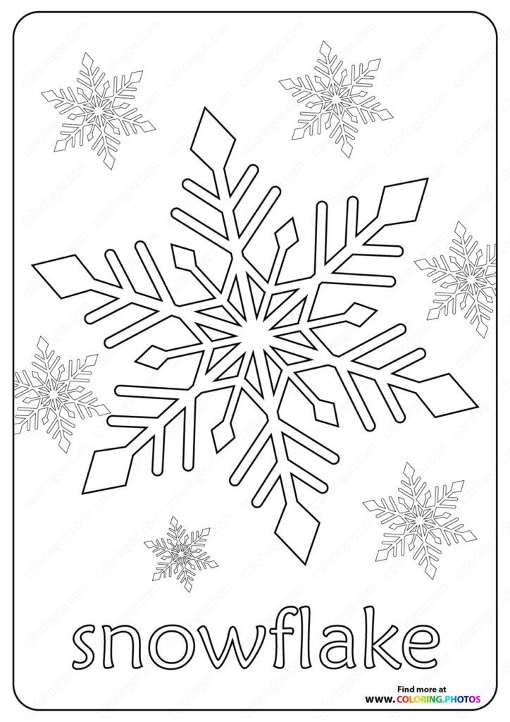 Large geometric snowflake with smaller snowflakes scattered around coloring page