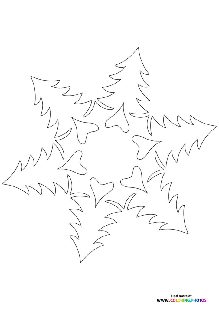 Winter snowflake with six arms made of evergreen tree branches coloring page