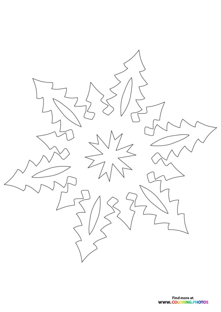Six decorative snowflakes arranged in a mandala circle with a star burst in the center coloring page