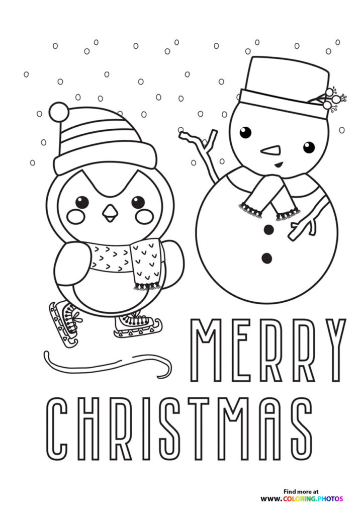 Penguin in winter hat ice skating with a snowman wearing a top hat, surrounded by falling snowflakes, Merry Christmas coloring page