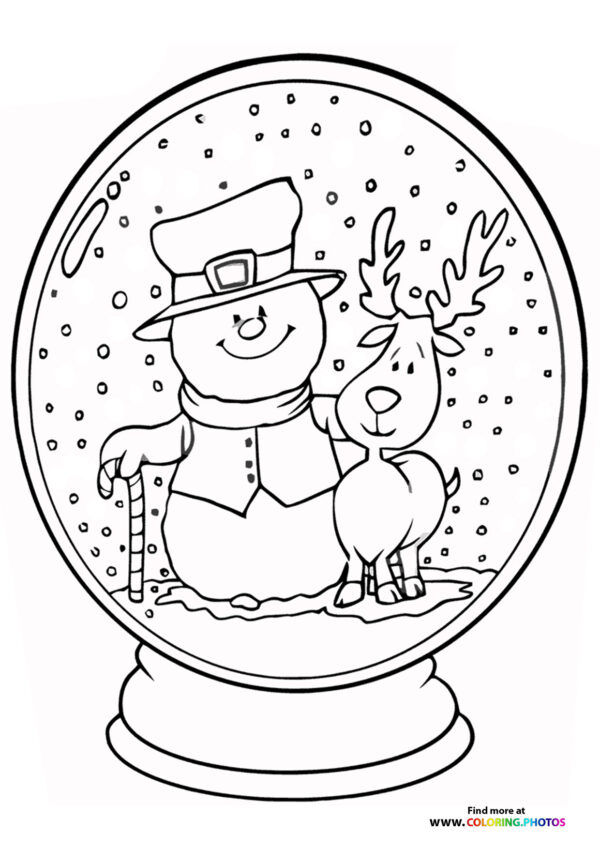 Snowman and raindeer in snow globe coloring page