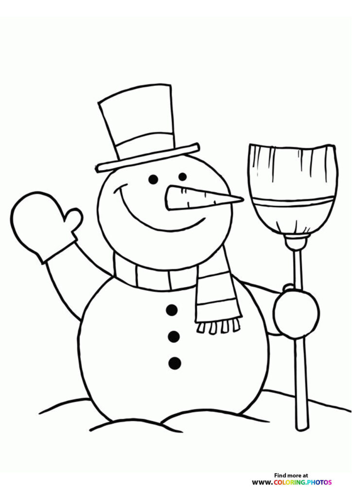 Cheerful snowman wearing a top hat and scarf, holding a broom and waving, coloring page
