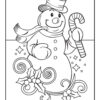 Snowman with a candy cane coloring page