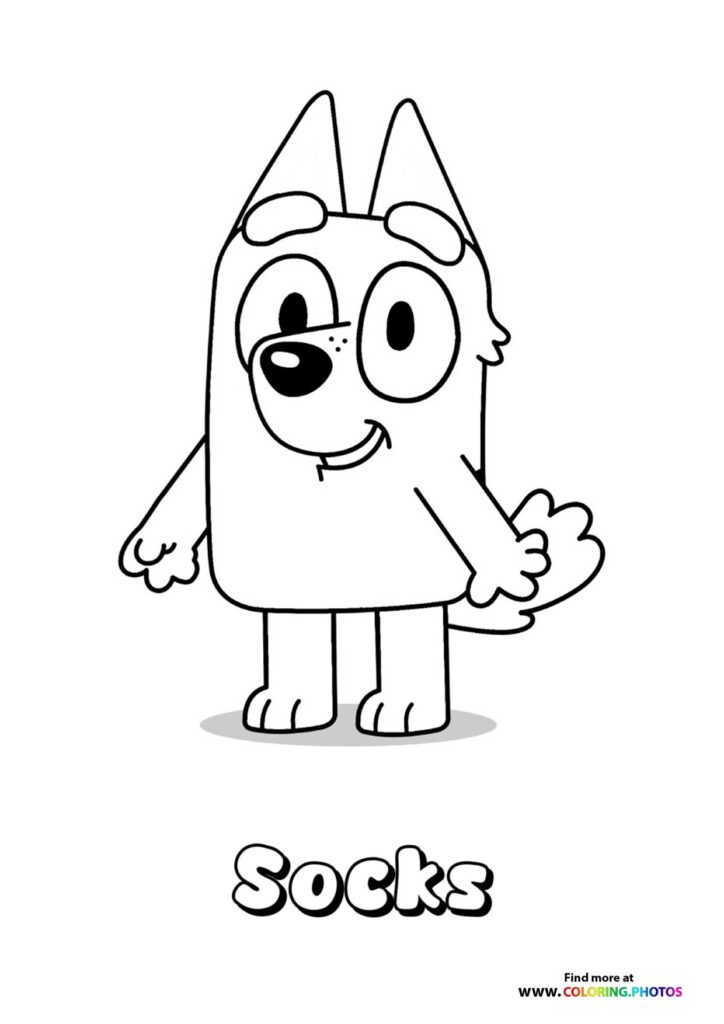 Socks the orange kitten from Bluey standing and smiling, coloring page
