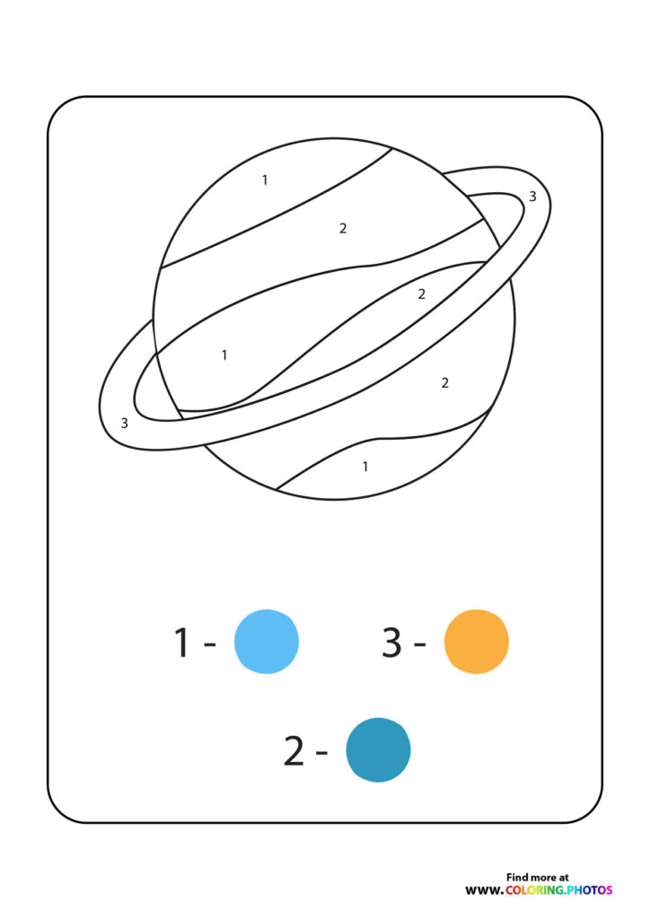 Saturn planet with rings color by number coloring page with blue and orange color guide